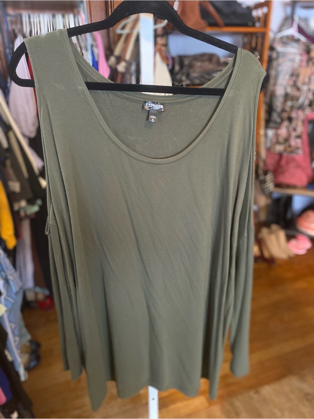 Express Olive Green Cold-Shoulder Long Sleeve Top